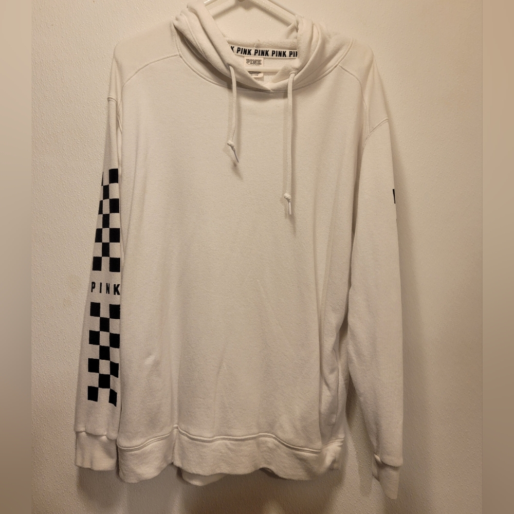 Victoria's Secret White Hoodie with Black Checkered Sleeves